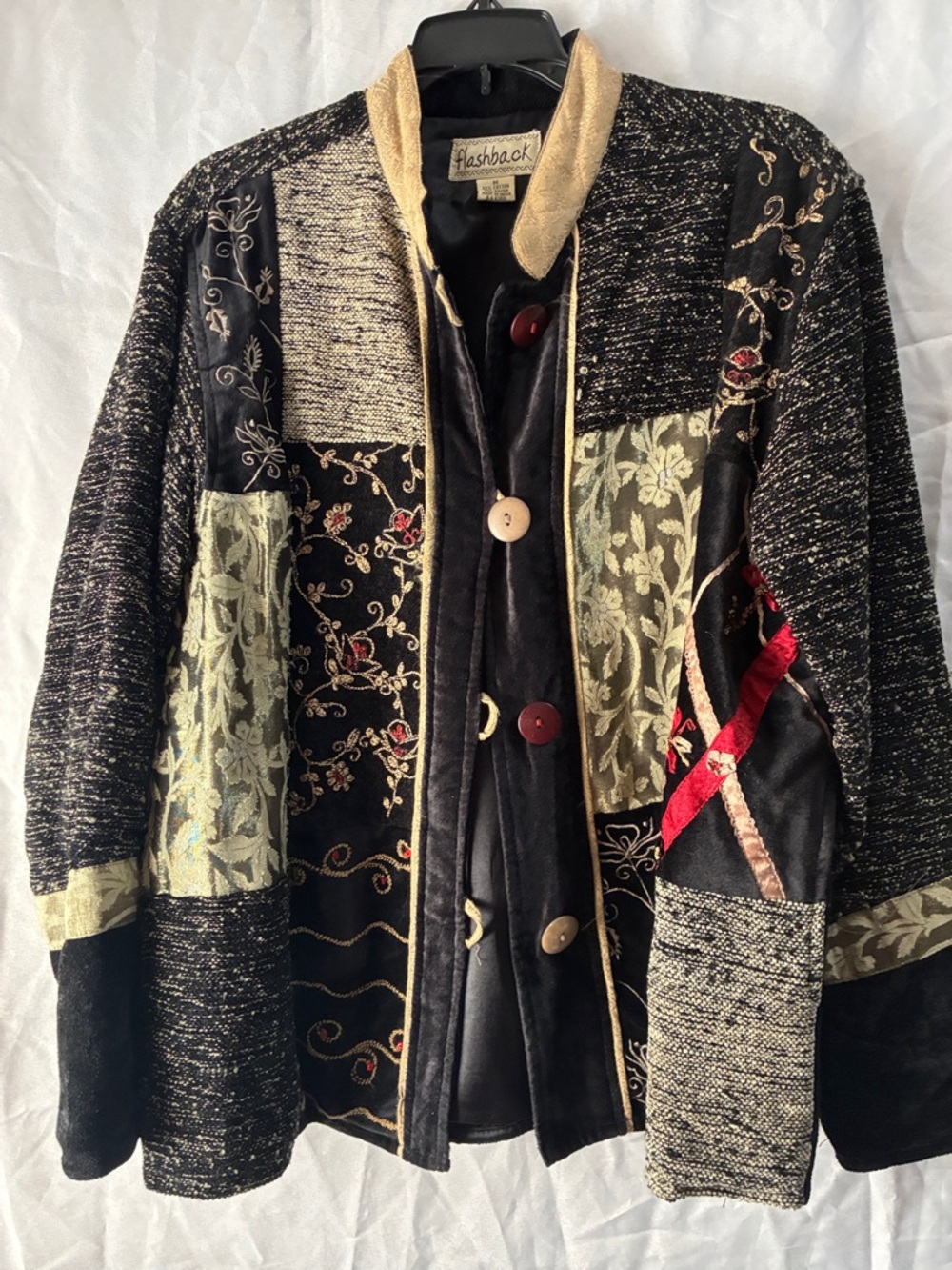Flashback Women's Black & Gold Embroidered Patchwork Bomber Jacket